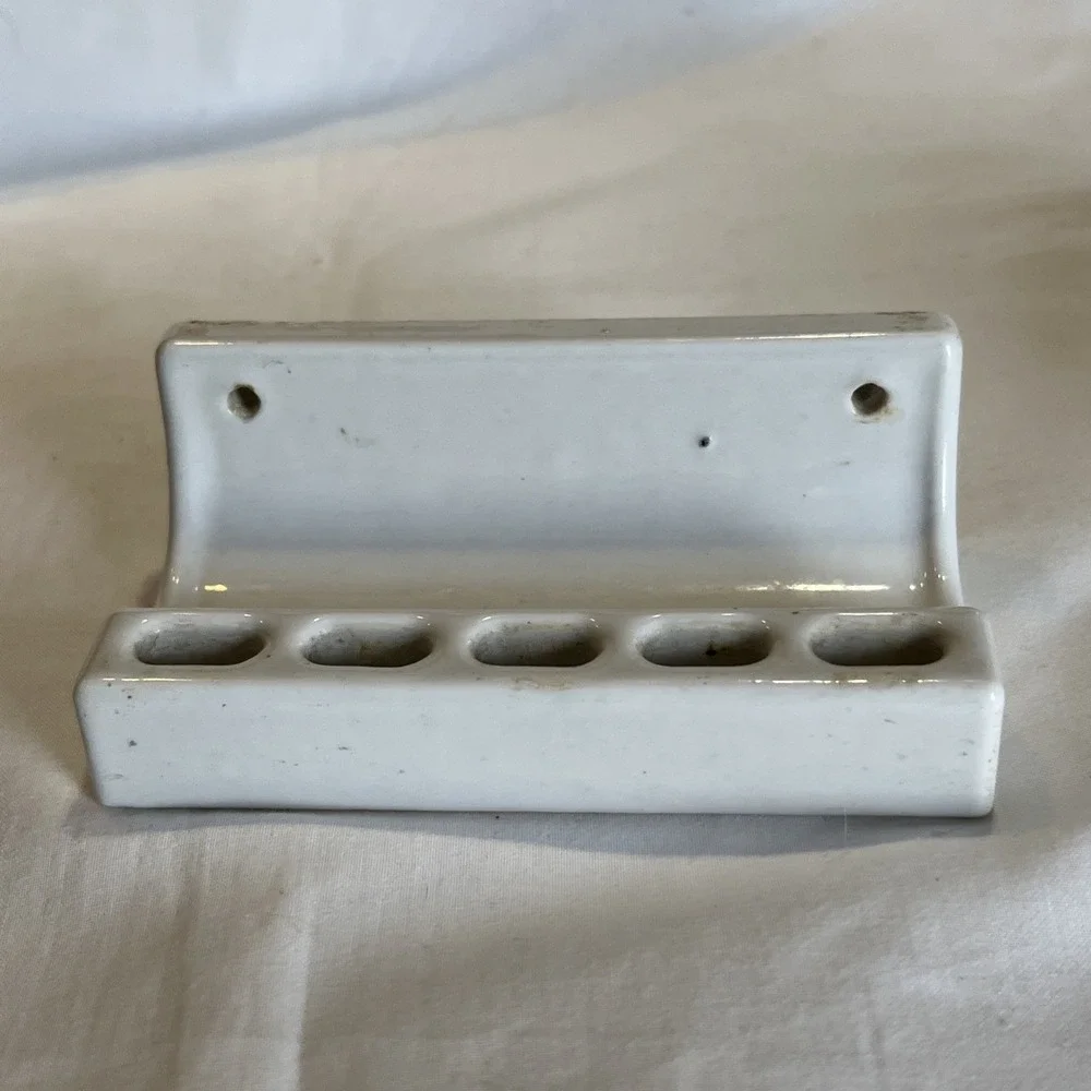 Antique Wall Mount White Porcelain Toothbrush Holder, 5 Slots